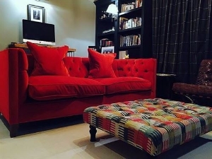 Customer Photos: Haresfield 3 Seater Sofa in Linwood Omega Carnelian and stool in Moon Heritage Aberdeen Sea