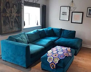 Customer Images: Wadenhoe corner unit and footstool in Portland Brilliant Velvet Pacific