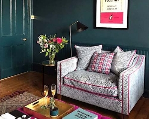 Customer Photos: Haresfield Snuggler in Osborne & Little Lorca Tupai with piping in Designers Guild Varese Fuchsia