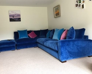 Customer Image: Stockbridge Corner Sofa in Omega Azure and Contrasting Scatters