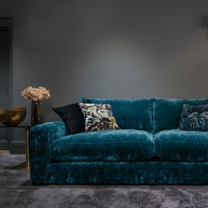 As Seen in Our Brochure: Stockbridge 3 Seater Sofa in Linwood Cosmos Velvet Teal