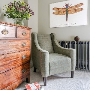 As Seen in Our Brochure: Sennen Chair in Harris Tweed Huntsman Check Mountain Bracken