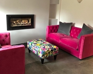 Customer Photo: Haresfield 2.5 seater sofa In Linwood Omega Velvet 25 Pink & Alwinton Small Footstool in BlueBellGray Petite Mode