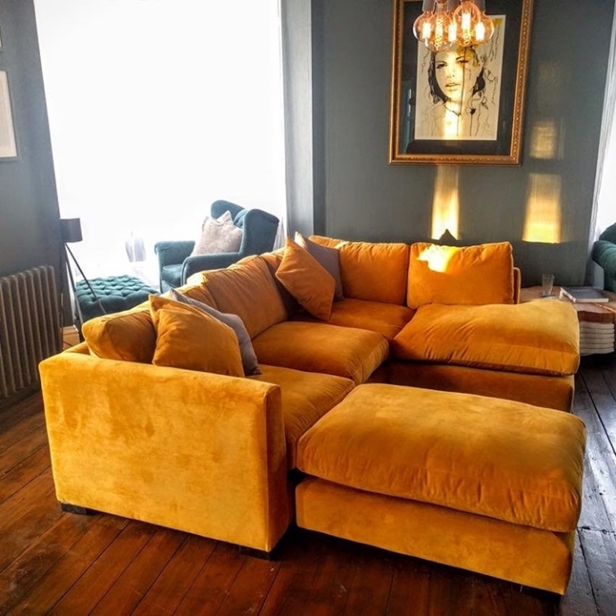 As Seen in Our Brochure: Wadenhoe Corner Unit & FootstoolOrange velvet corner sofa in Warwick Plush Velvet Turmeric