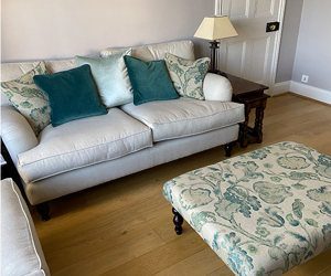 Customer Photos: Alwinton 2 Seater Sofa in Ross Dundee Herringbone LInen & Porthallow Footstool in Floral LInen L'Oiseaux Tapestry Linen