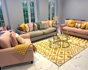 Customer Photos:  Apuldram Sofas & Snuggler in Clever Matt Velvet Blush, Clever Matt Velvet Fossil, Chair in House Plain Rose