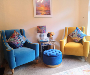 Customer Photos: Sennen Chairs in Linwood Omega Velvet Canary & Sky