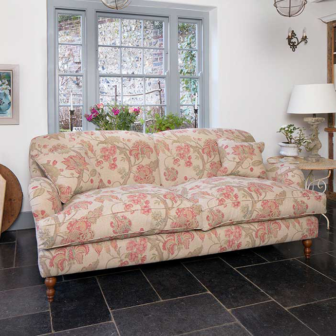 As Seen in Our Brochure January 2022: Kentwell 3 Seater, 2 hump Sofa in Linwood Albertine, Coral Orange