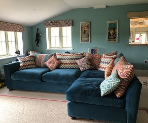 Customer Photos: Hambledon Corner Sofa in Essentials House Velvet with Clarke & Clarke Navajo Scatters