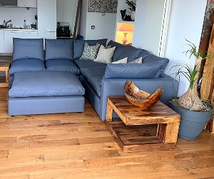 Customer Photos: Big Softie Corner Group and Footstool in Dundee Herringbone Denim